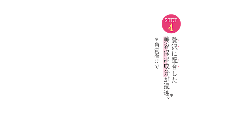 step4 贅沢に配合した費用保湿成分が角質まで浸透